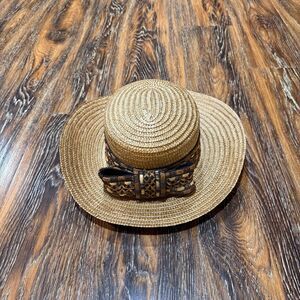 Miriam Lefcourt Italy Handcrafted Straw Boater Sun Hat Brown Woven Bow Elegantly